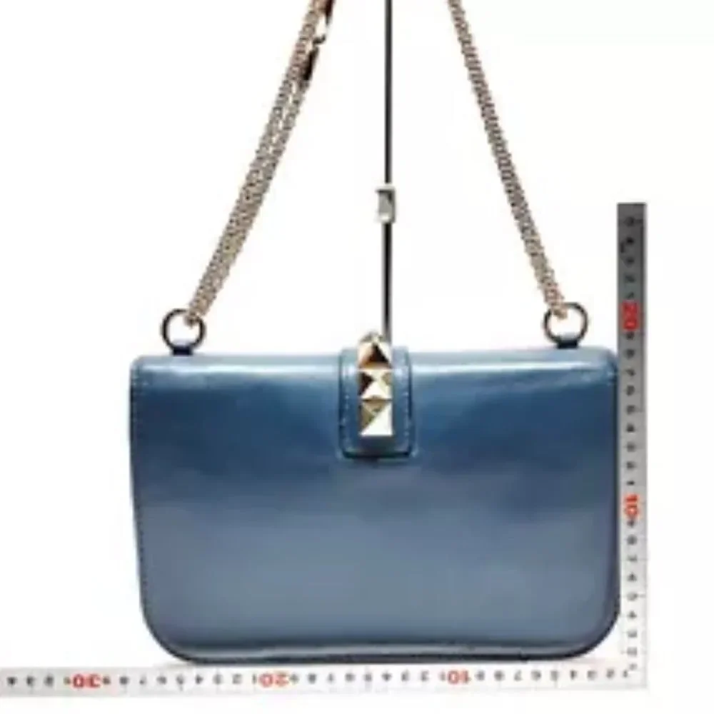 Auth Valentino Garavani Navy Blue Glam Lock Rockstud Medium Flap Shoulder Bag